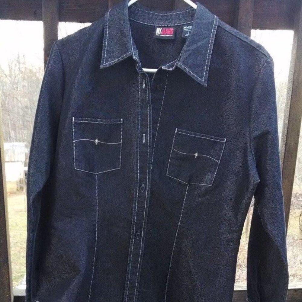 NY Jean Company Western Style Black Button Up Shirt Stitch Size Large